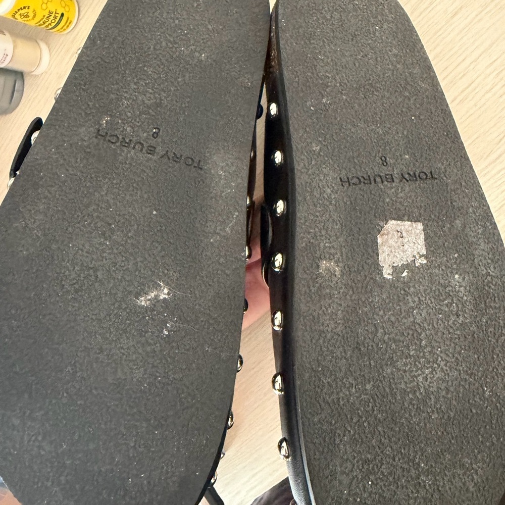Tory Burch Black Leather Studded Mule Clogs with Silver Logo Accent - Picture 9 of 9